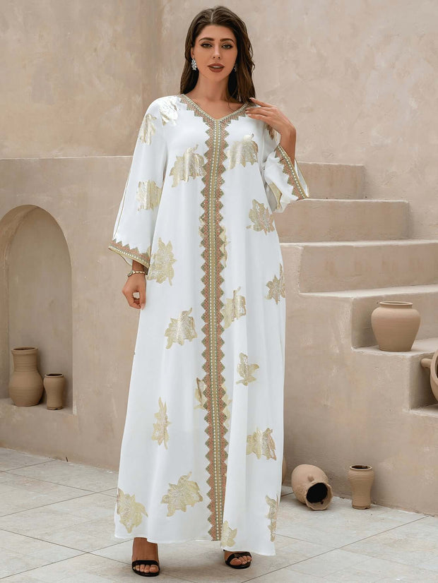 White Printed V-neck Kaftan