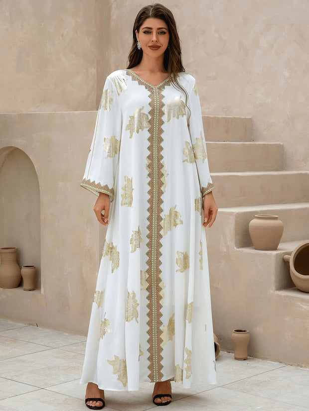 White Printed V-neck Kaftan