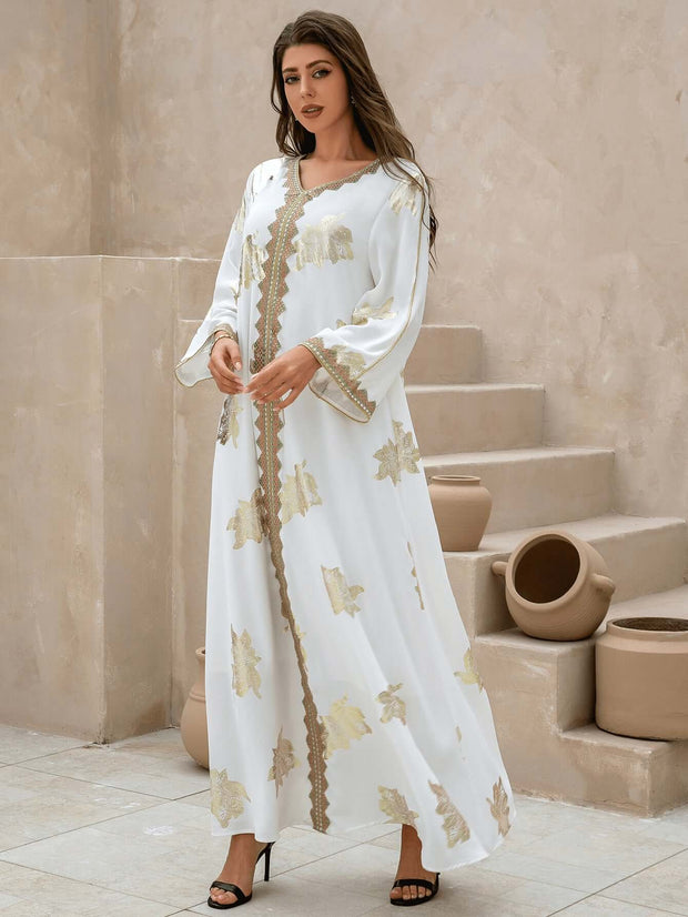 White Printed V-neck Kaftan