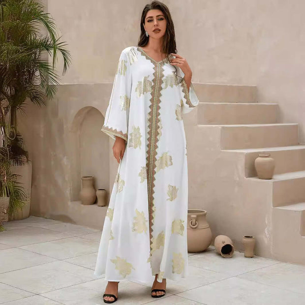 White Printed V-neck Kaftan