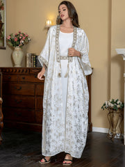 Gold Floral Patterns White Kaftan 2-Piece Set
