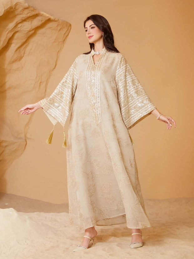 Gold Mesh Embroidered Sequin Kaftan Maxi Dress