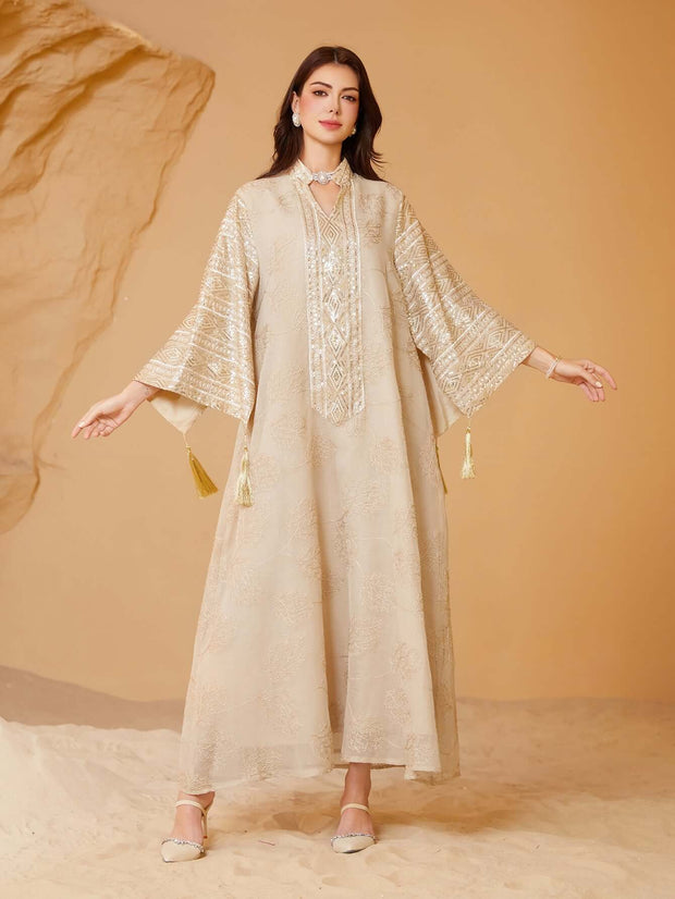 Gold Mesh Embroidered Sequin Kaftan Maxi Dress